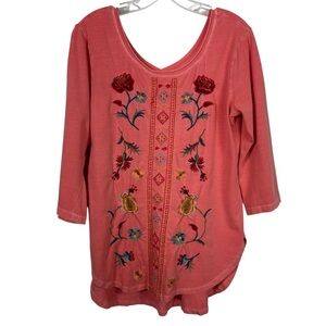 Caite Peach Pink Embroidered Floral Front 3/4 Sleeve Relaxed Fit Blouse Small S
